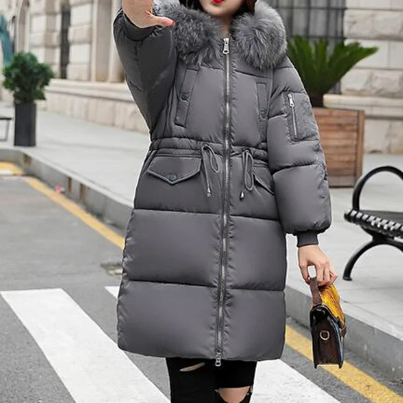 Women's Mid-Length Padded Coats with Large Fur Collar Winter New Korean Style College Thickening Jackets Parkas Female Overcoat