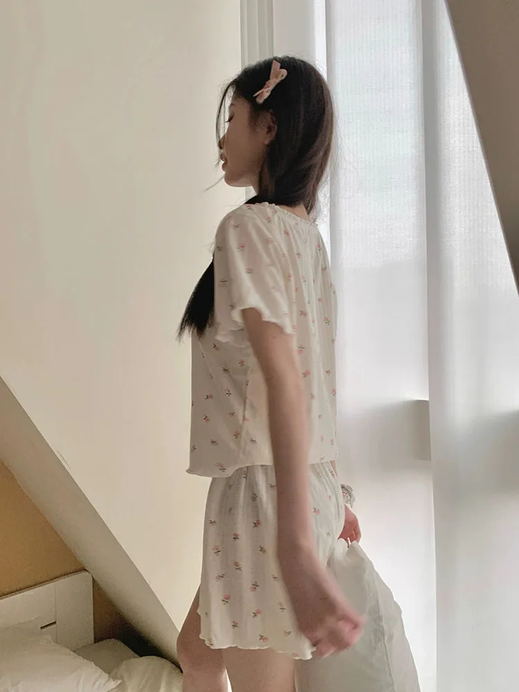 Cotton Short-Sleeved Shorts Pajama For Women Summer New Cardigan Round Neck Printed Sleepwear Casual Soft Ladies Home Nightgown