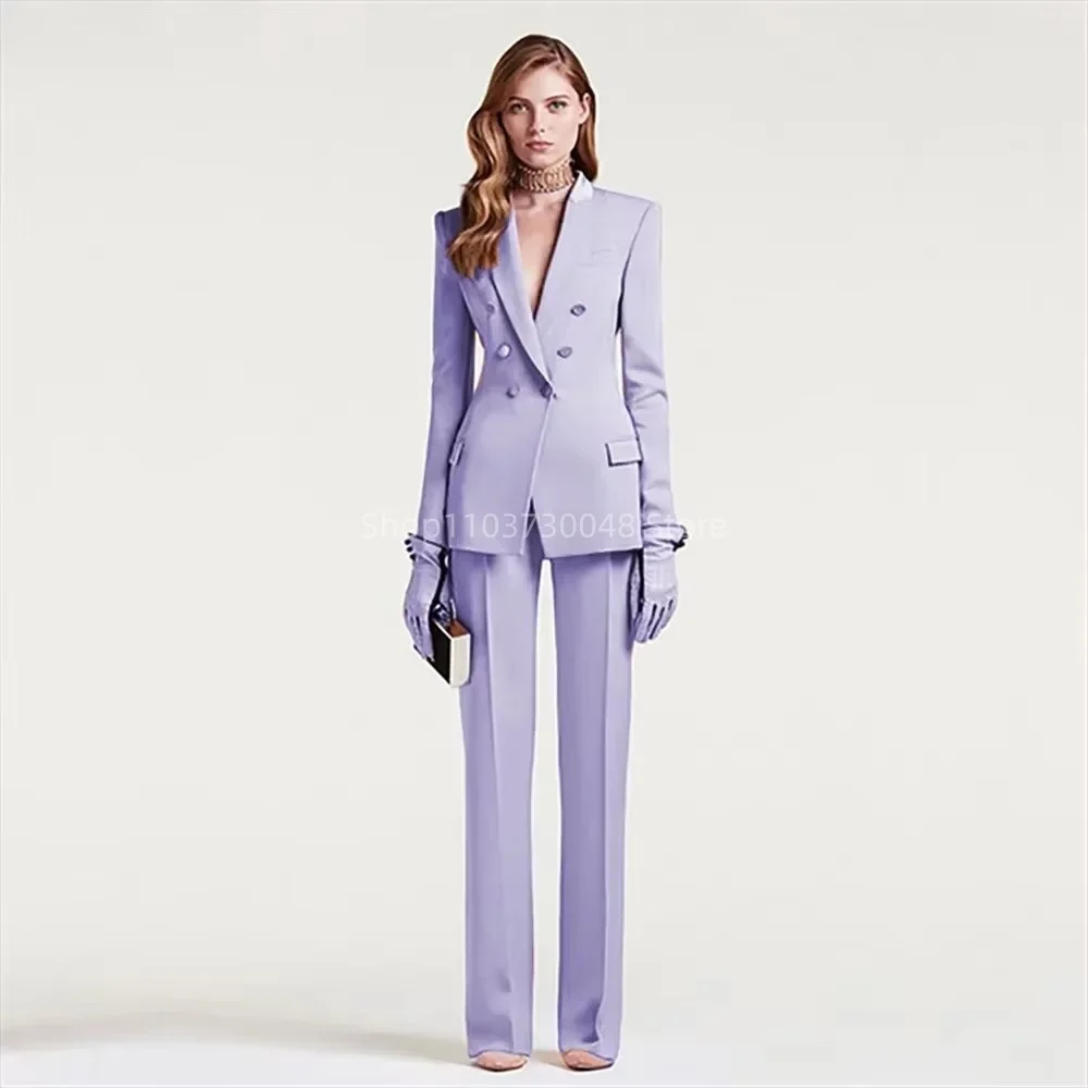Sky Blue Stylish Women Suit Peak Lapel Double Breasted Slim Fit 2 Pieces Jacket Pants Business Formal Occasion Female Clothing