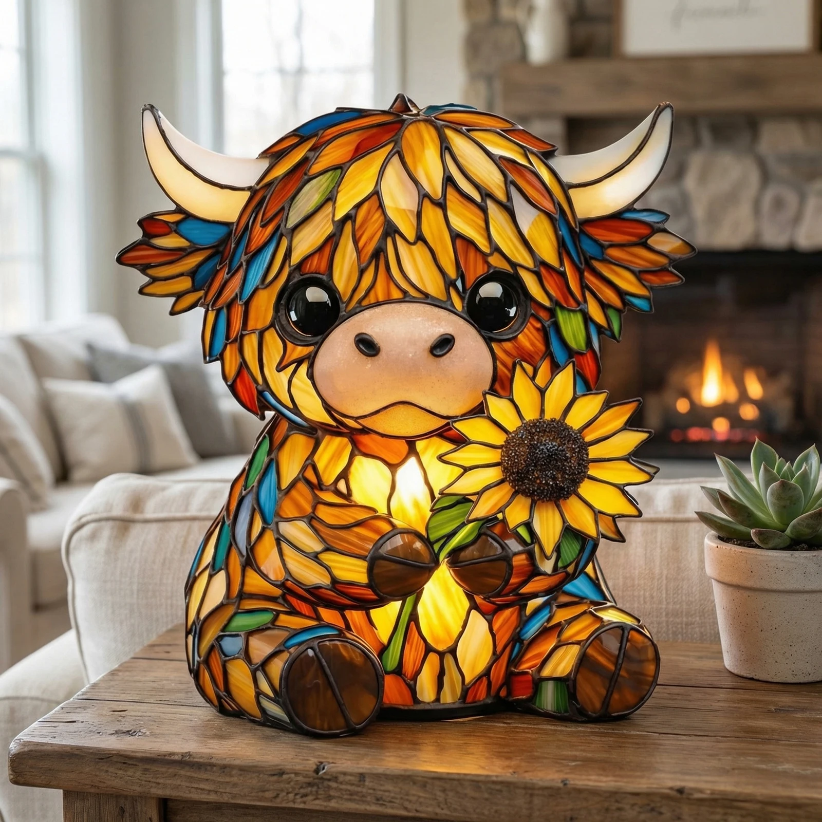 LED 3D 동물 야간 조명 다용도 해바라기 하이랜드 카우 테이블 램프 레진 동물 장식 조명 (가정, 사무실, 침실용)