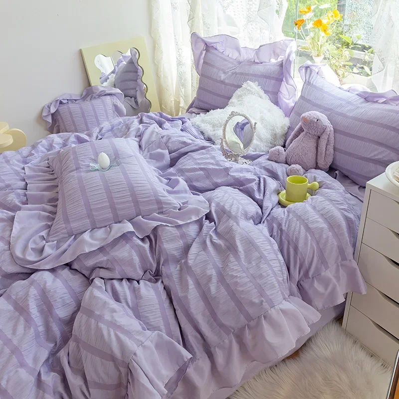 

Purple Princess Bedding Set Luxury Solid Color Duvet Cover Pillowcase Linens Twin Queen King Bed Sheet Set Woman Girl Kawaii Set