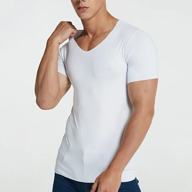 Men's Quick-Drying Ice Silk T-shirt Seamless Breathable V Neck Short Sleeve  Tee