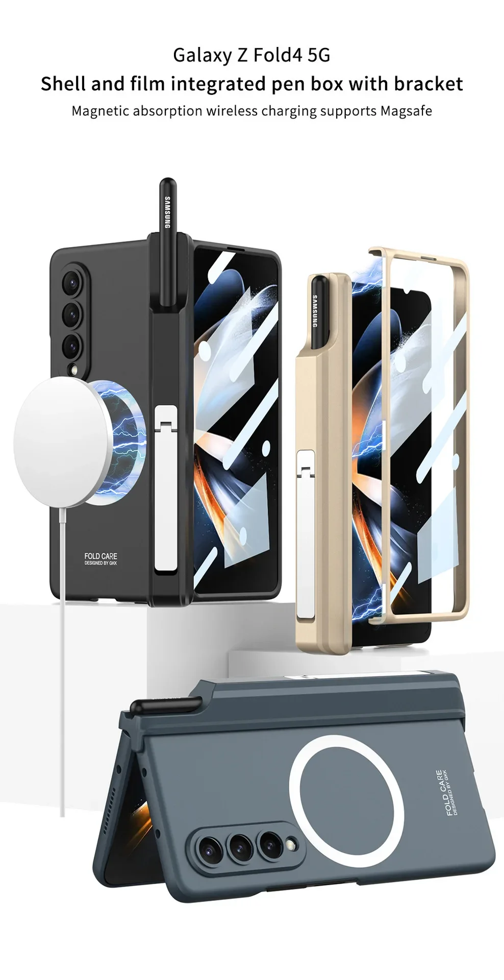 Case for Samsung Galaxy Z Fold5 Fold 4 Fold3 with Pencil Magnetic Wireless Charger Shell Membrane All-Inclusive Protective Cover | Gaffar India