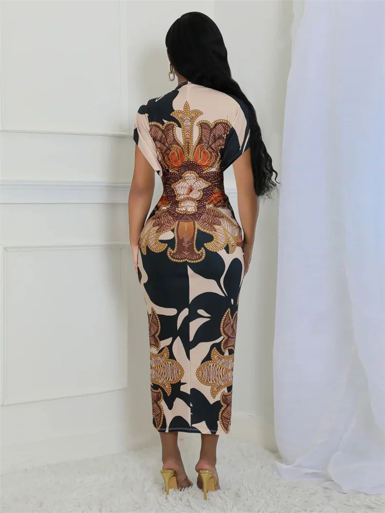 Wmstar Dresses Women Wholesale Deep V Neck Sexy Bodycon A New Short Sleeve V Neck Fitted Printed African Fashion Women's Wear