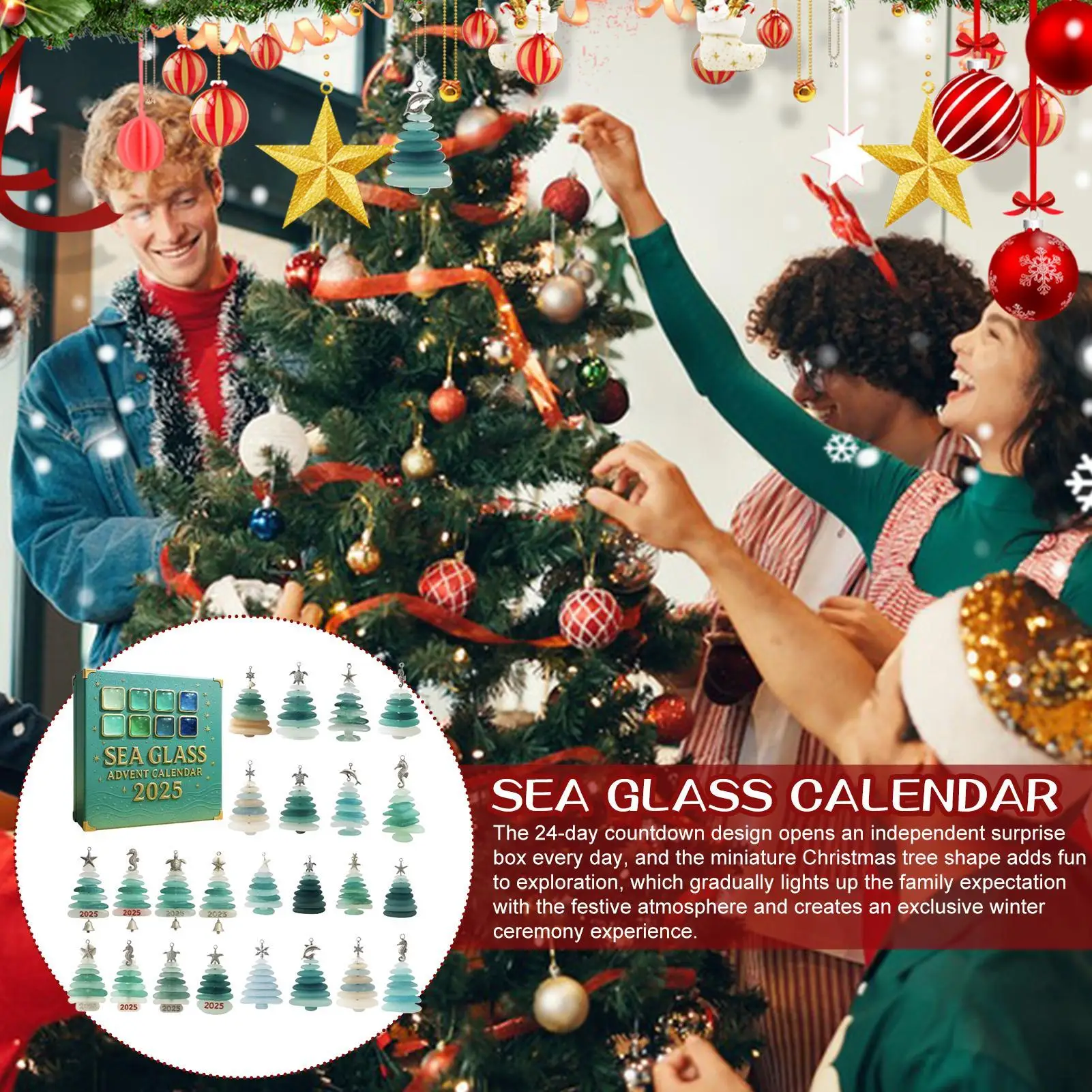 Christmas Countdown Calendar 2D Acrylic Ornament 24 Days Sea Glass Christmas Ornaments Advent for Home Window Wall Decoration