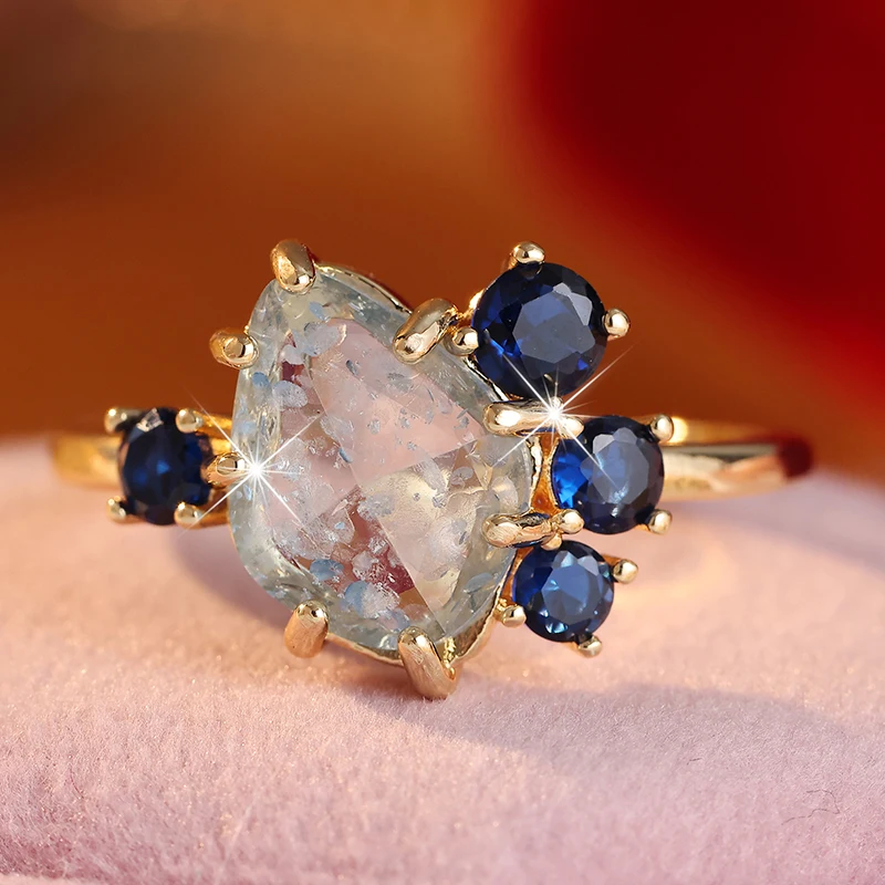 Elegant Blue CZ Inlaid Gold Ring for Women – Trendy Geometric Design for Daily Wear and Special Occasions