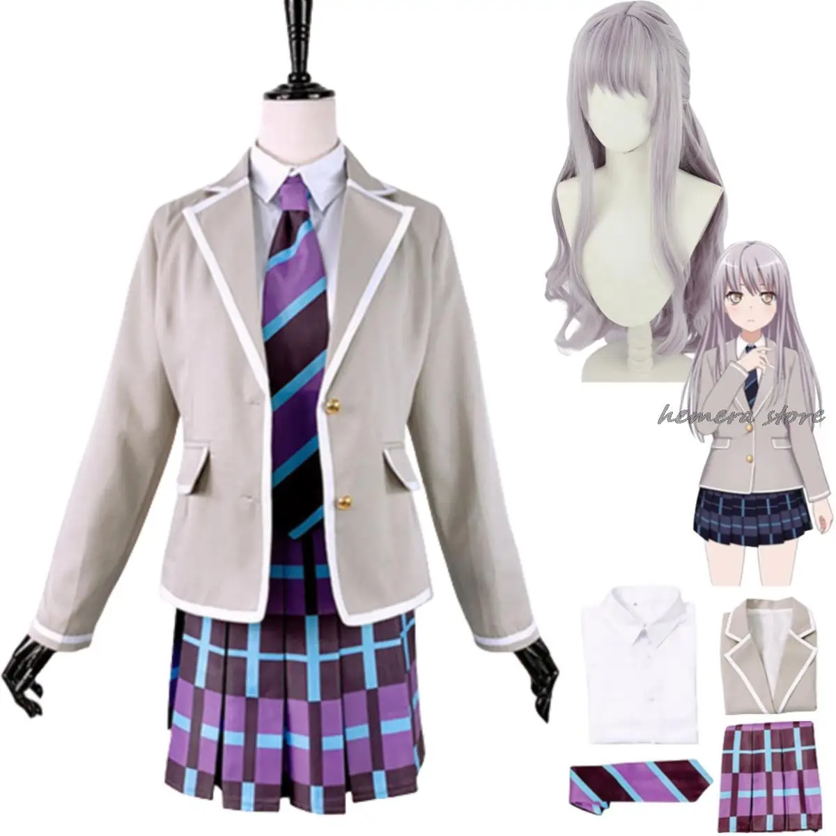 

Anime BanG Dream! Yukina Minato Cosplay Costume Roselia Wig Japanese Curry Color School Uniform Skirt Woman Sexy Halloween Suit