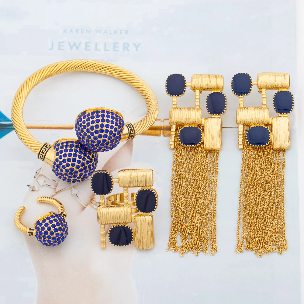 

Trend Ladies Jewelry Set for Party 18k Gold Plated Tassel Earrings and Ring Zircon Design Jewelry Set for Engagement Weddings