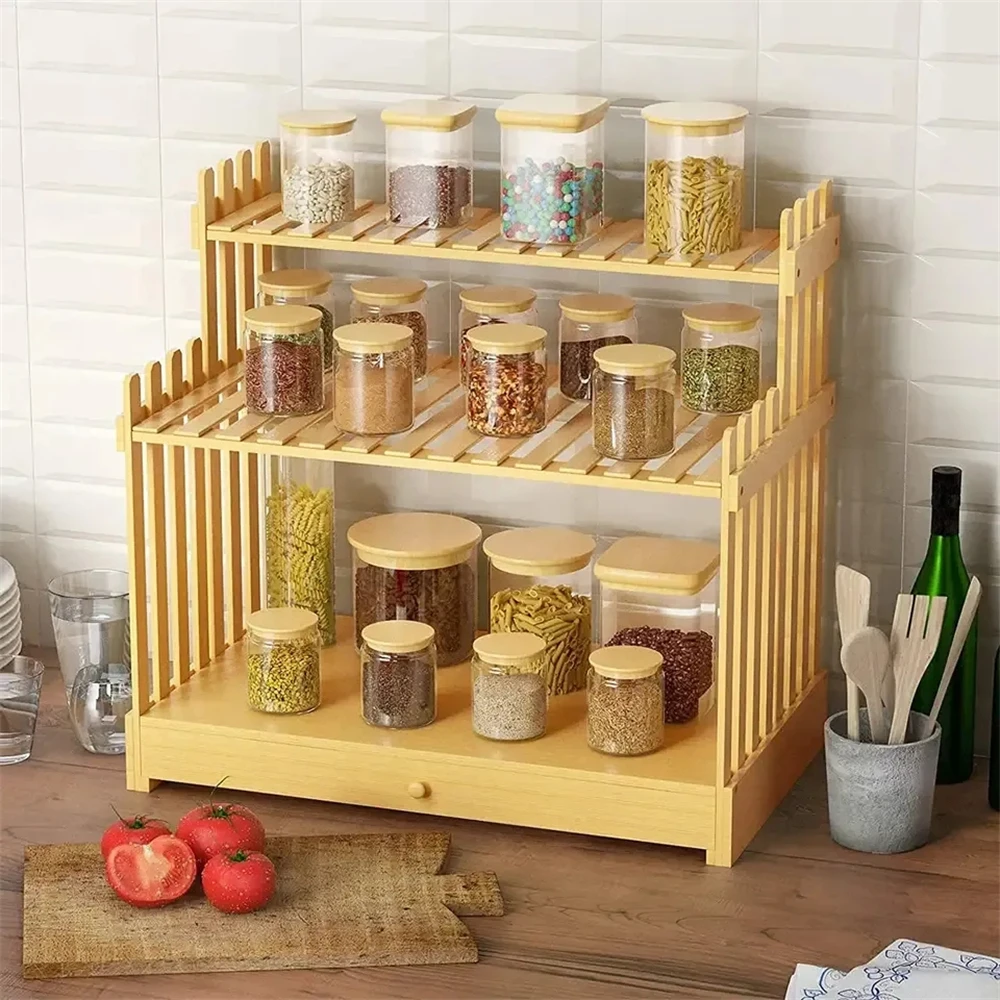 Bamboo Spice Rack Organizer for Kitchen Cabinet Cosmetic Organizer Countertop Spice Rack