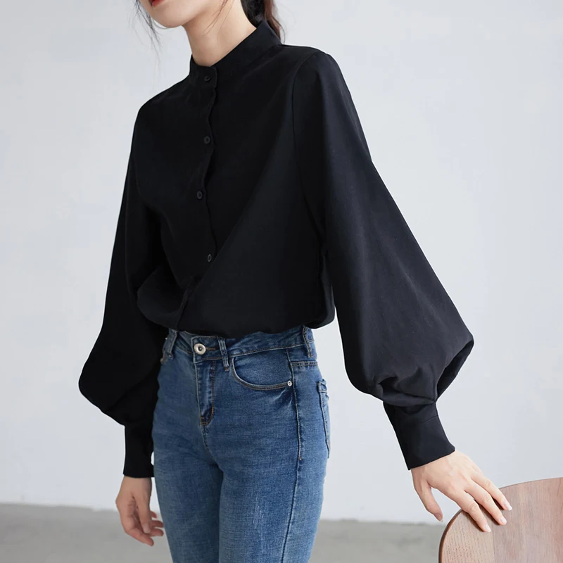 Women Autumn Winter Single Breasted Stand Collar Shirts Big Lantern Sleeve Blouse Office Work Blouse Solid Vintage Blouse Shirts