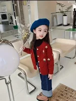 Cardigan pull pour filles printemps et automne nouveau style coréen à la mode pour enfants, veste tricotée à fleurs brodées, tendance pour grands enfants 2