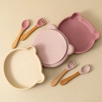 3PCS Baby Silicone Tableware Set Wooden Handle Spoon Fork Cartoon Bear Dishes Snack Plates Feeding Learning Baby Stuff 1