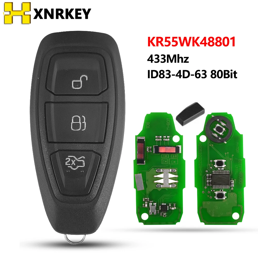 XNRKEY 3 Button Remote Key 4D60/4D63/ID49 Chip 433Mhz FCC KR55WK48801 for Ford Focus Fiesta Mondeo C-Max Kuga 2011-2015 Car Key