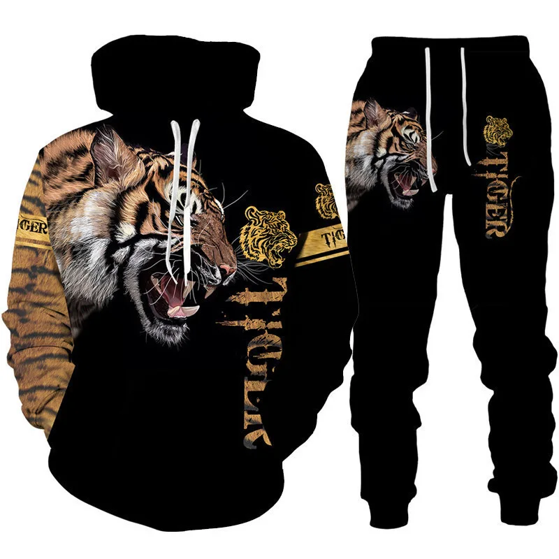 Cool Tiger 3D Animal Print Hoodie+Pants Suit Long Sleeve Pullover Men\'s Sportswear Tracksuit Couple Outfit Two Piece Jogging Set