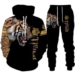 Cool Tiger 3D Animal Print Hoodie+Pants Suit Long Sleeve Pullover Men's Sportswear Tracksuit Couple Outfit Two Piece Jogging Set