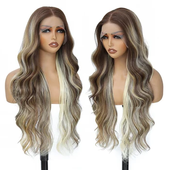Parrucche frontali in pizzo sintetico biondo 13 * 4 per le donne 30 "pollici parrucca senza colla da orecchio a orecchio parrucca in pizzo onda del corpo evidenziare parrucche Cosplay