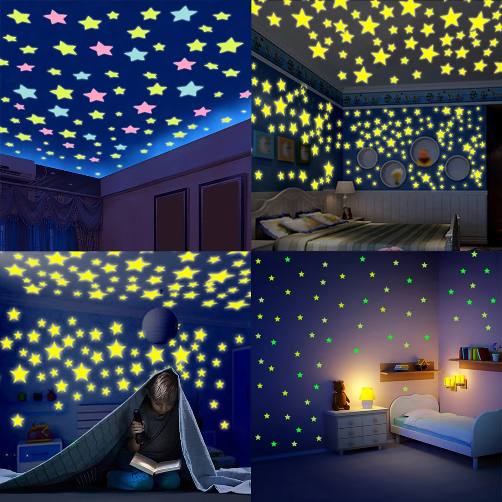 Luminous Wall Stickers Luminous 3D Star Stickers for CHILDREN'S Room Bedroom Ceiling Illuminated Plastic Wall Stickers Home Decoratio 100 Pieces