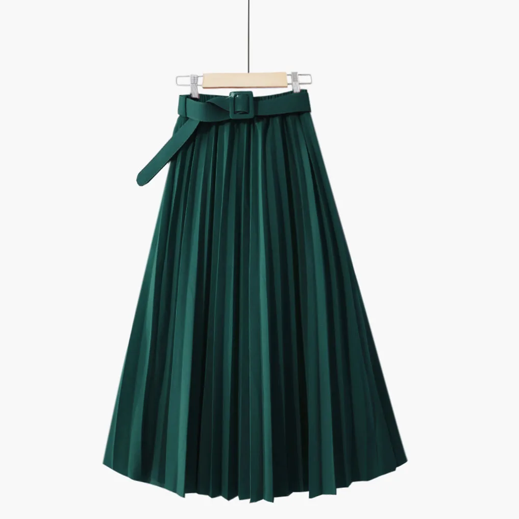 

With Belt 2022 Spring Autumn Vintage Women All Match Pleated Skirts Elastic High Waist A-Line Skirt Ladies Solid Midi Long Skirt
