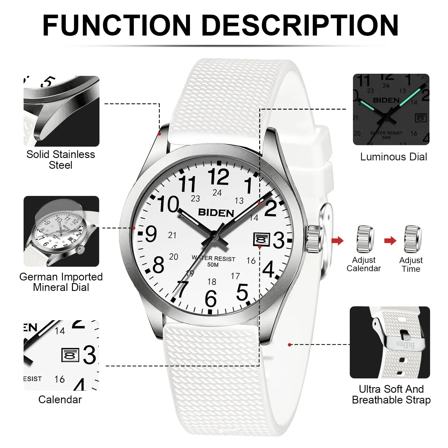 BIDEN Simple Casual Men's Quartz Watch Digital Edition Waterproof Calendar Luminous Silicone Strap Comes with Watch Box 3
