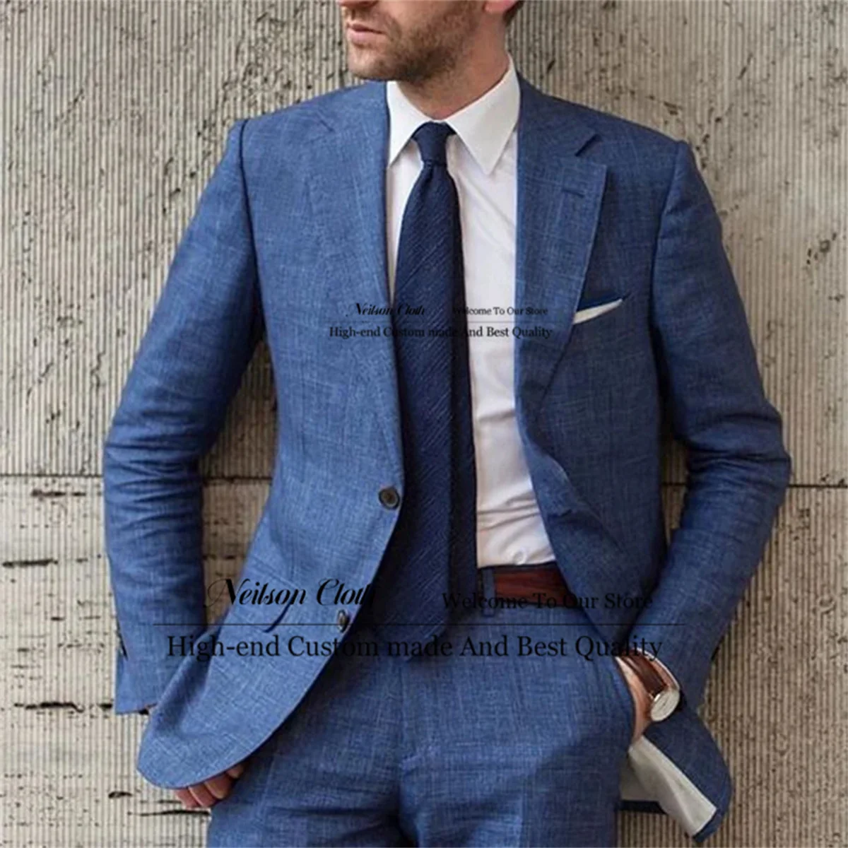 

Casual Blue Linen Men Suits Notched Lapel Groom Tuxedos 2 Pieces Jacket Pants Sets Male Prom Blazers Slim Fit Terno Masculino