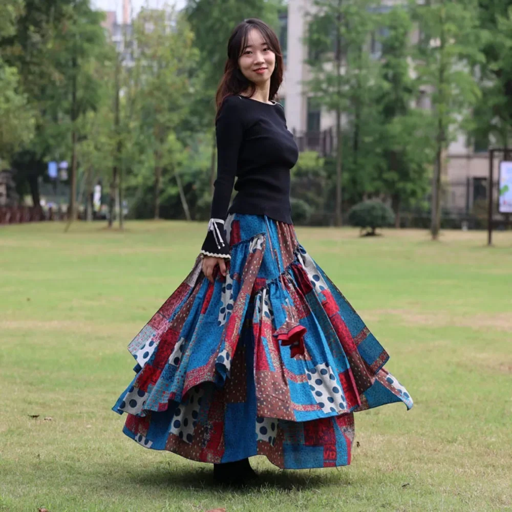 

Vintage Ethnic Style Casual Streetwear Cotton Linen Summer Print Elegant Long Skirt Fashion Clothes Y2k Skirt Women Clothing