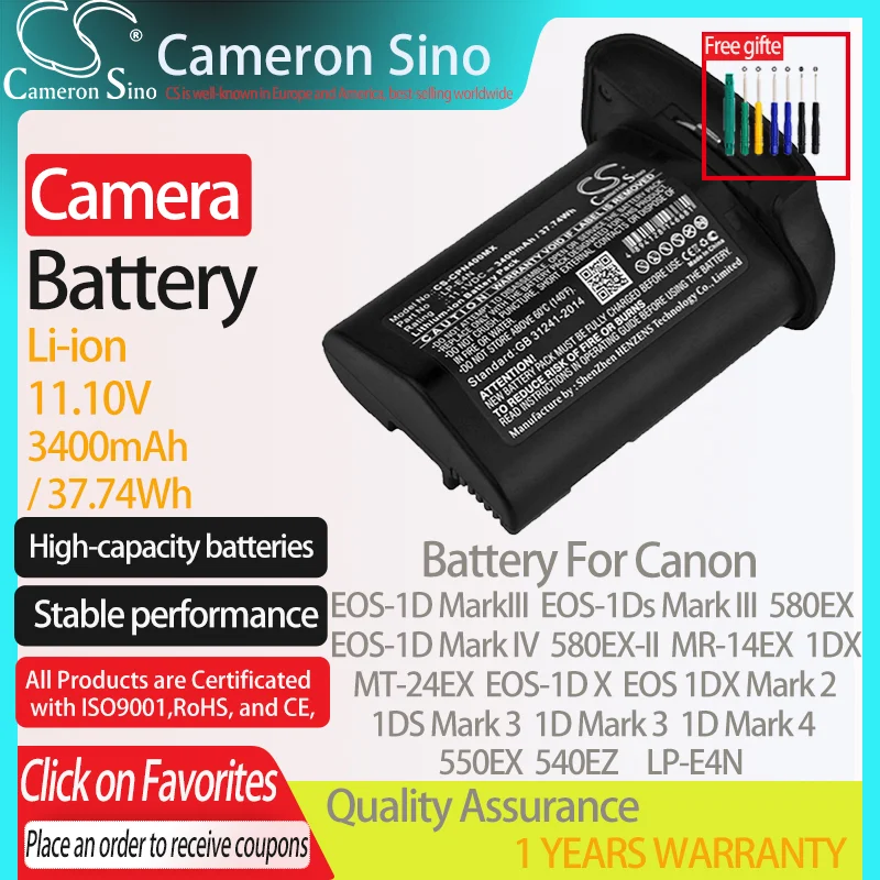 

CameronSino Battery for Canon EOS-1D MarkIII EOS-1D Mark IV 580EX-II 550EX 540EZ MR-14EX 1DX fits Canon LP-E4N camera battery