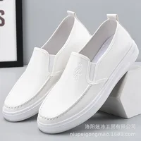 Men's Casual Leather Shoes Waterproof Non-Slip Soft Bottom Work Shoes Korean Style Versatile Flat Bottom White Leather Slip-On B