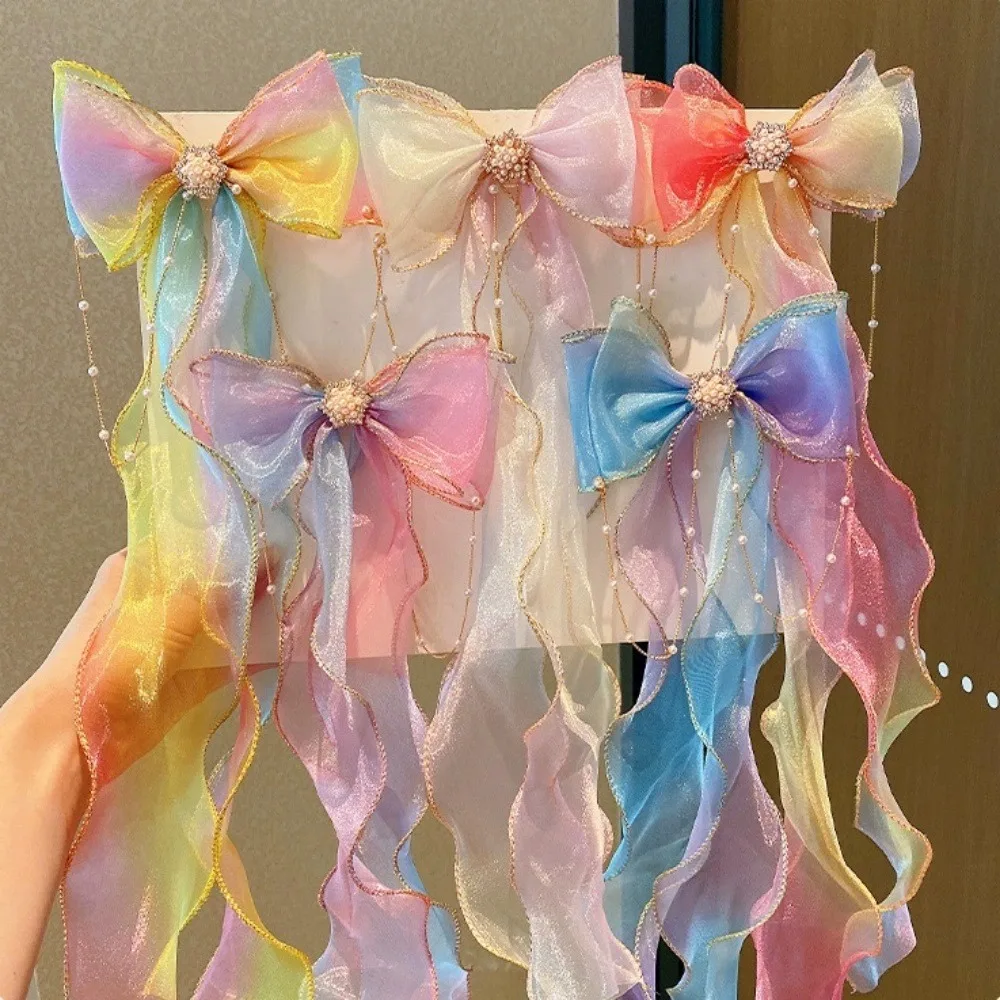 Baby Mädchen Niedliche Elegante Mesh Bogen Band Clips Mit Faux Perle Quaste Dekoration Haar Zubehör Für Party Leistung – Detail 7