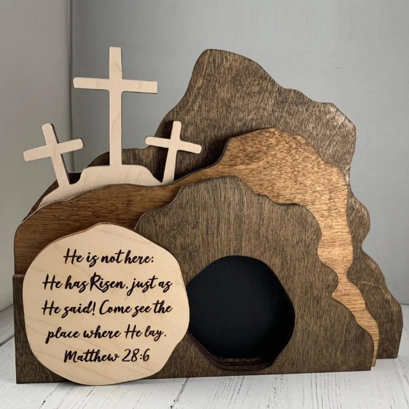 Easter Scene Wooden Decoration Easter Decor Rustic Christian Wood Spiritual Tomb Figurine for Table Home Desktop Office Tabletop