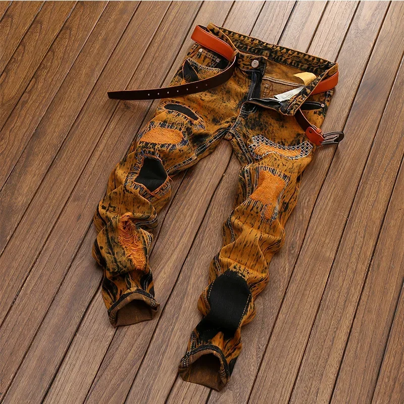Autumn Men Orange Ripped Patchwork Jeans No Belt Personalized Fashion Vintage Denim Trousers Motorcycle Streetwear men jeans,ripped jeans,ripped patchwork jeans