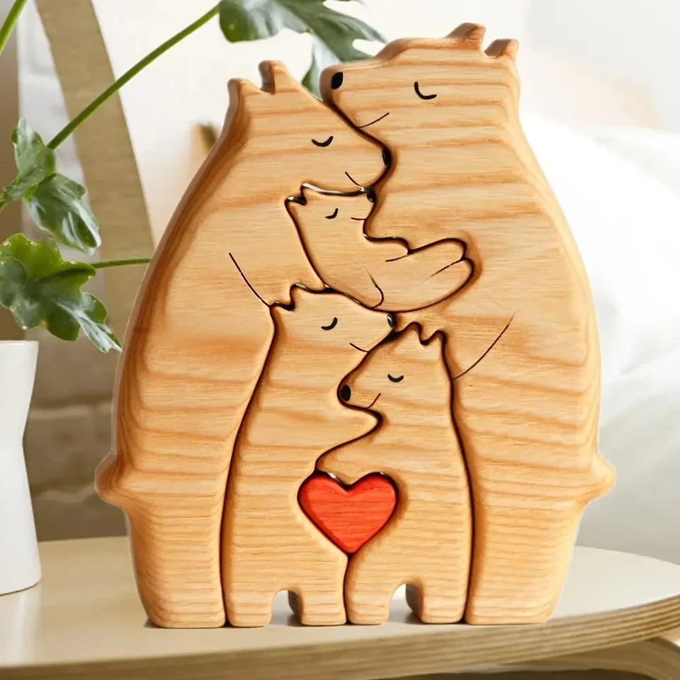 Wooden Desktop Decorations Personalized Bear Family Theme Heart Wooden Art Puzzle Desktop Ornament Home Deco Mother's Day Gift