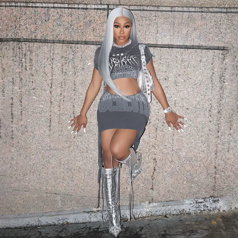 

Summer Sexy Gray Women 2 Two Piece Sets For Women Sleeveless Print O Neck Crop Tops Outfits Mini Skirts Dress Matching Sets 2023
