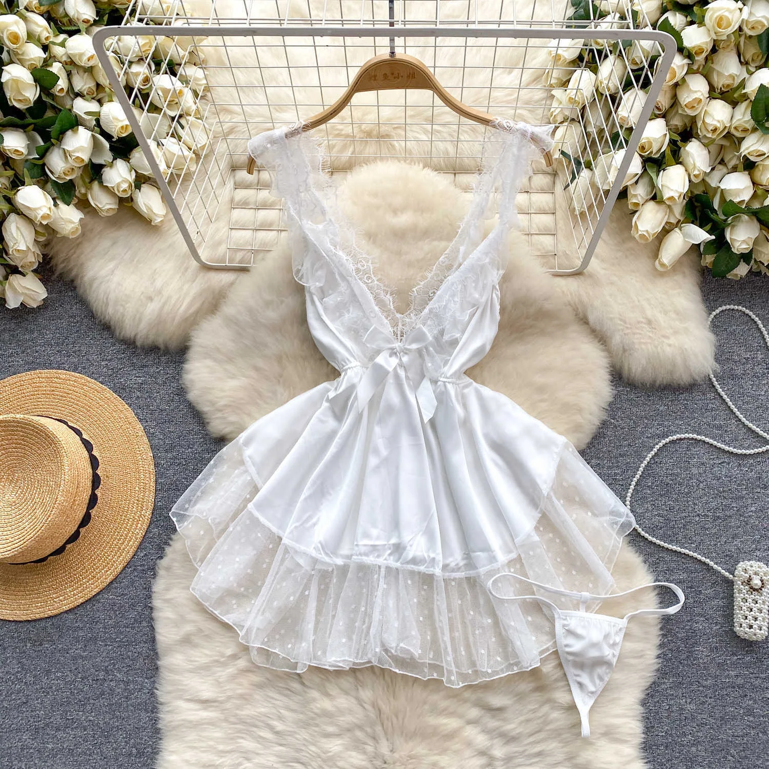 Deep V-Neck Lace Strap Dress Transparent Polka Dot Bow Patchwork Slim Fit Dress Sexy Women's Nightgown Erotic Lingerie Pajama