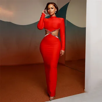 Women Elegant Bandage Dress 2024 New Sexy Beading Hollow Out Bodycon Clothes Club Party Celebrity Long Dresses 1
