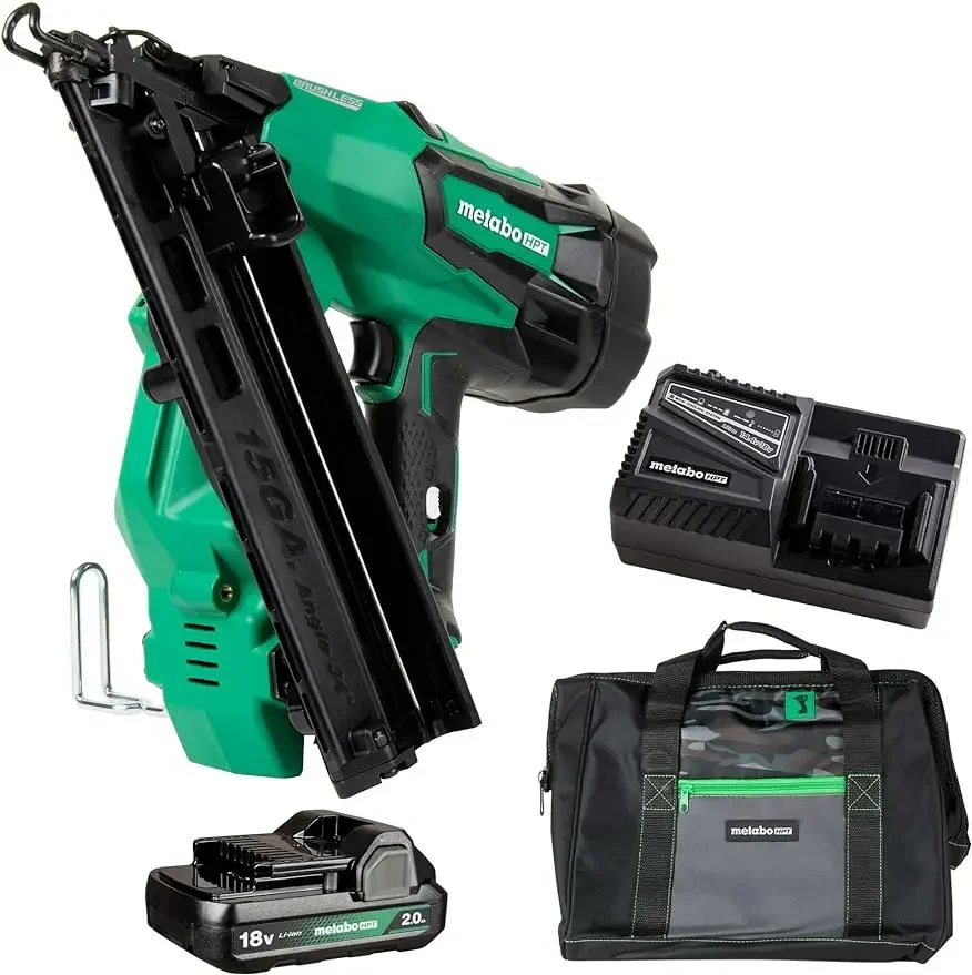 

Metabo HPT Cordless 18V MultiVolt™ Angled Finish Nailer Kit | 15 Gauge | 1-18V 2.0Ah Lithium Ion Battery w/Fuel Gauge | Lifetime