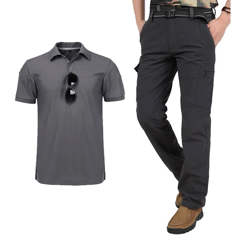New Summer Outdoor Work Set Mens Quick Dry Lightweight Pants Breathable Short Sleeve T-shirt 2Pcs Suits Essentials Workwear Male