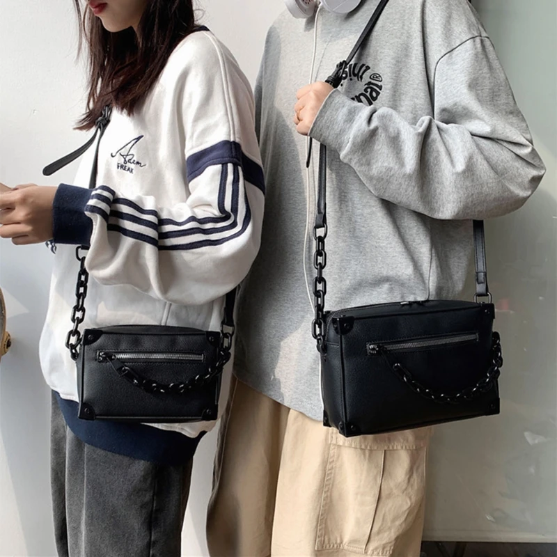Small Box Square Crossbody Bag Leather Shoulder Bags Unisex Chain Handbags with Adjustable Straps Bag