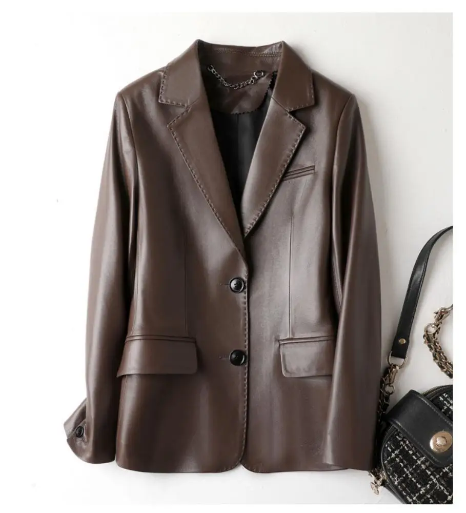 Europe Style 2023 Spring Hot Fashion Women's High Quality Sheepskin Blazers Jackets Brand New Genuine Leather OL Coat C538 spring new genuine leather sheepskin mixed colors outerwear france style vintage puff sleeve elegant jackets womens coat