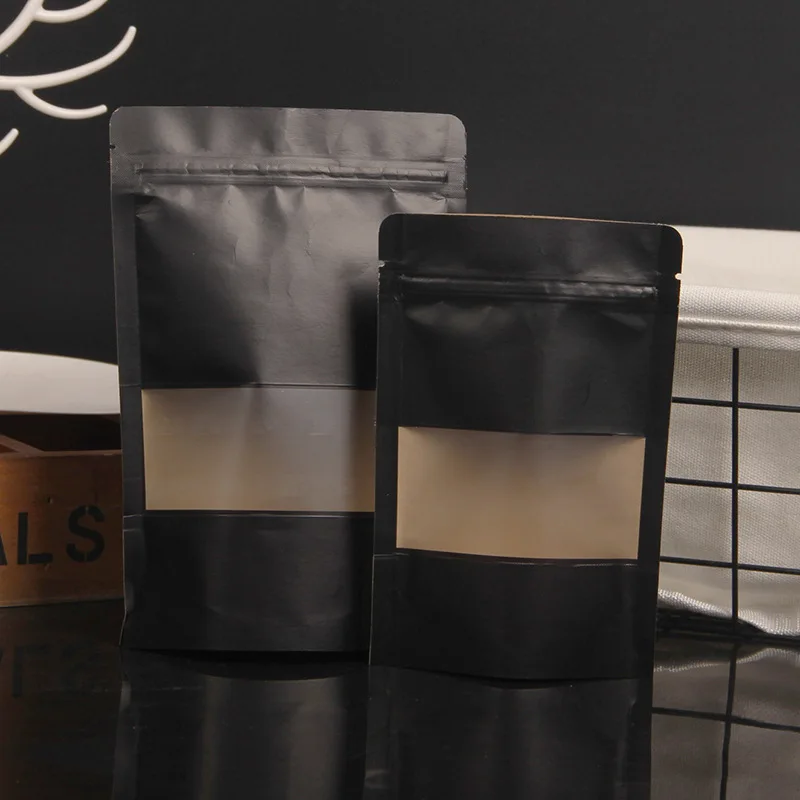 500Pcs/Lot Matt Black Stand up Paper Frosted Window Bag Snack Cookie Tea Coffee Packaging Bag Doypack Paper Gift Window Pouches