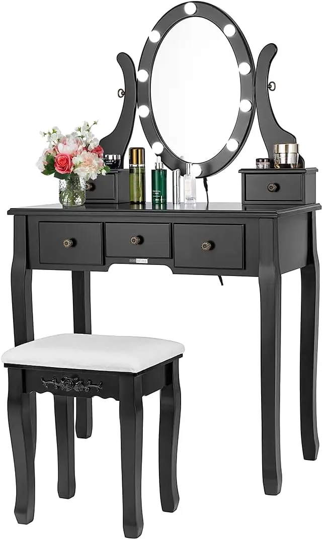 

Makeup Vanity Set with 10 Dimmable LED Bulbs, Dressing Table with 360° Rotating Lighted Mirror and Cushioned Stool