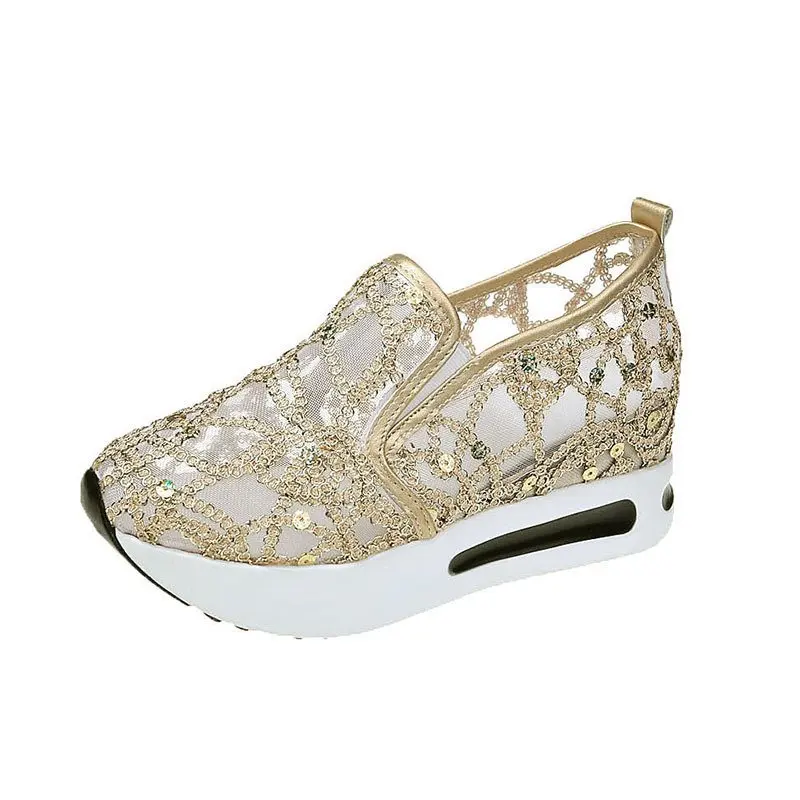 Shoes Female Wedge Sequin Mesh Breathable Shoes Women Gold Silver Platform Sneakers Women Height Increasing Wedges Shoes Casual