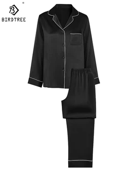 Birdtree 16MM 100%Mulberry Silk Pajama Set Women's Solid Lapel Long Sleeve Pants Basic Comfortable Loungewear Spring S3D995QD