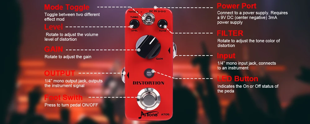 AITONE Series AT-05 Distortion Guitar Pedal 2 Practical Mode Vintage/Turbo Effec