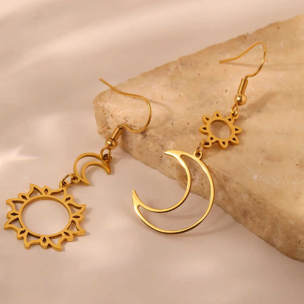 Dangle Earrings Long Earrings Bohemian Stainless Steel Long Dangle Earrings for Women Korean Fashion Jewelry Gold Silver Plated Sun & Moon