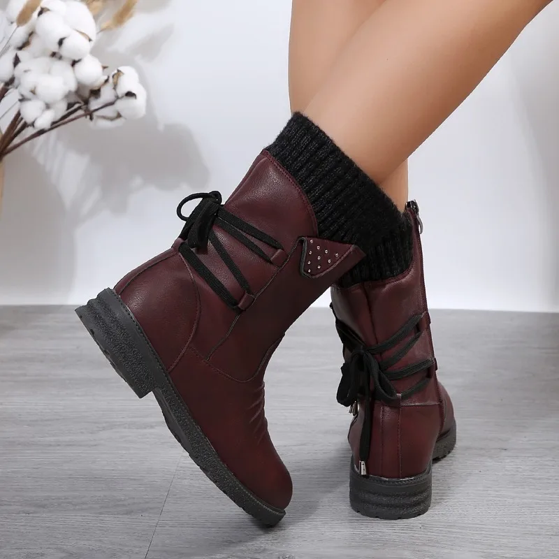 Ladies Shoes on Sale 2023 High Quality Zipper Women's Boots Winter Round Toe Solid Mid-Calf Pleated Low-heeled Western Boots