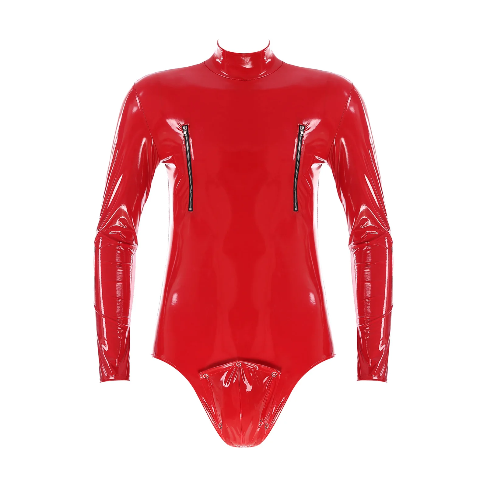 

Mens Glossy Zipper Bodysuit Long Sleeve Openable Bulge Pouch Leotard Wet Look Patent Leather Catsuit Sexy Nightwear Clubwear