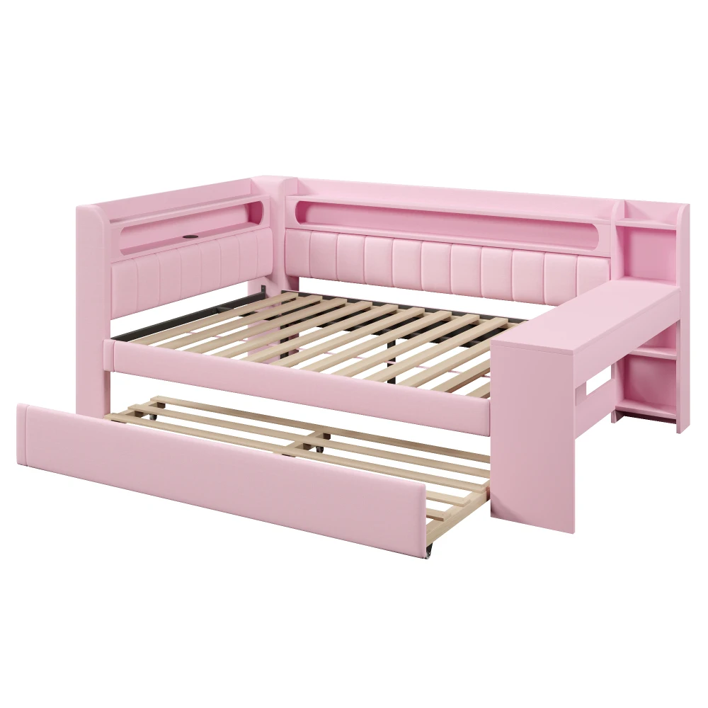 Gepolstertes Tagesbett mit Ausziehbett & Schreibtisch Multifunktionales Schlafsofa mit USB-Anschlüssen und LED-Lichtleiste Ohne Matratze – Detail 24