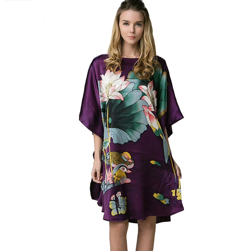 

100% Silk Satin Dress Women Silk Dresses Natural Silk Free Size Handmade Painted Dress Wholesale Home Dress Free Shipping Purple