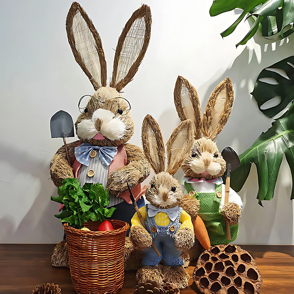 Páscoa Cute Straw Bunny Decorações, Decoração de Casa Rústica, Party Tabletop, Decorações Artesanais, 1 Pc, 2Pcs