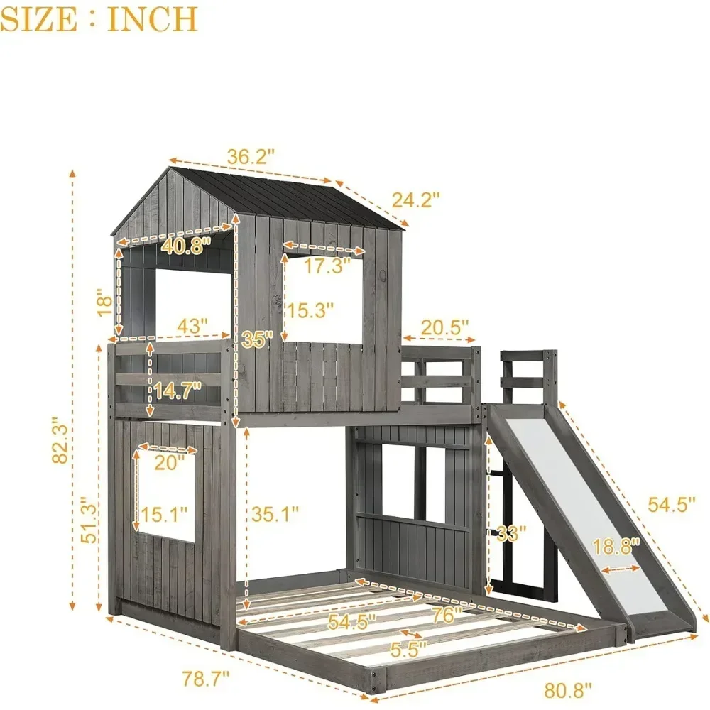 House Bunk Beds Twin Over Full Size, Wood Bunk Beds with Roof and Window Distressed Grey, Twin Over Full with Slide 5